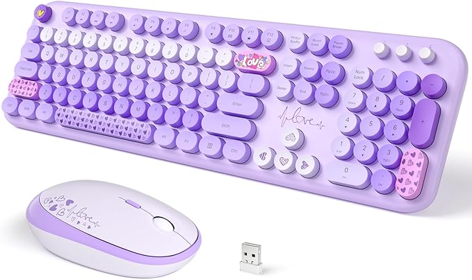 Wireless Keyboard and Mouse, SQMD Colorful Typewriter Retro Keyboard with Round Keycaps, 2.4GHz USB Full-Size Keyboard and Mouse Set for Mac PC Desktop Laptop (Purple Colorful)