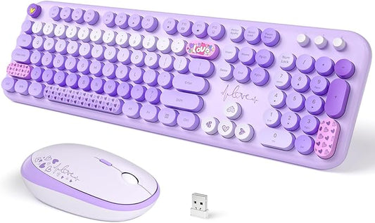 Wireless Keyboard and Mouse, SQMD Colorful Typewriter Retro Keyboard with Round Keycaps, 2.4GHz USB Full-Size Keyboard and Mouse Set for Mac PC Desktop Laptop (Purple Colorful)