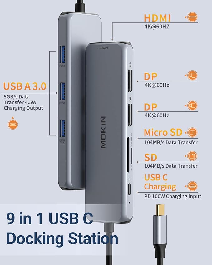 Docking Station Dual DisplayPort, MOKiN USB C Hub Dongle with 2 DP, HDMI, 3 USB A 3.0, SD & microSD Slot, PD Charging Port for MacBook/Dell XPS/Steam Deck/HP/Lenovo ThinkPad/Microsoft Surface
