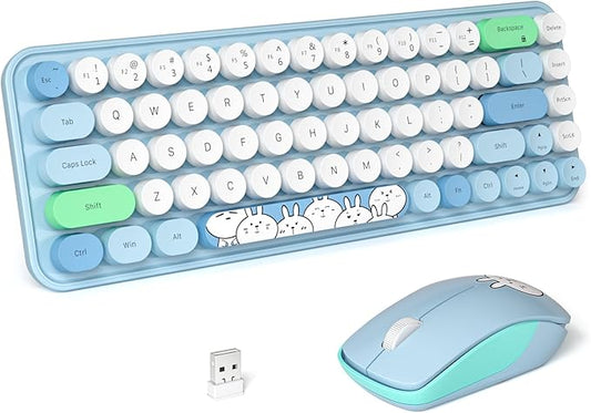 FOPETT Wireless Keyboard and Mouse Cute Mouse and Keyboard 2.4G Wireless Keyboards with Colorful 68 Keys Typewriter Retro Round Keycap for PC, Laptop,Tablet,Computer Windows - Blue Colorful
