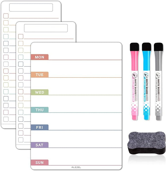 Magnetic Weekly Calendar for Refrigerator, Magnetic Menu Board Set for Fridge - Weekly Dry Erase Board & 2 Grocery List White Boards, 3 Markers + Eraser