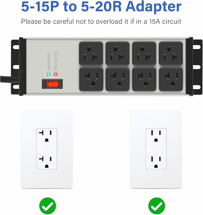 CCCEI 2PCS Heavy Duty Power Strip Surge Protector 20 AMP, 8 Outlets 12 Gauge Shop Garage Metal Multiple Outlets, 10 FT Extension Cord 5-15P Adapter High Amp 6-20R T-Slot 20a for Appliance Grey.