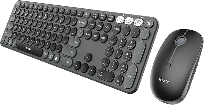 seenda Wireless Bluetooth Keyboard and Mouse Combo, COE202 Round Cute Keycaps, 3 Multi-Device Connection, Full Size Wireless Keyboard Compatible for PC/Laptop/Mac/MacBook/iPad/Tablet, Black