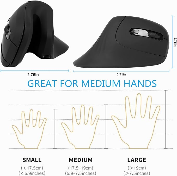 Ergonomic Mouse Wireless, Vertical Ergo Mouse, Rechargeable 2.4G Optical Vertical Mice with 6 Buttons 3 Adjustable 3200 DPI Cordless Mice for Large Hands for Mac PC Desktop Laptop Windows (Black)