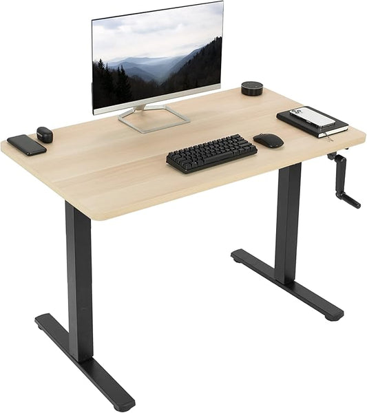 VIVO Manual Height Adjustable 43 x 24 inch Stand Up Desk, Light Wood Solid One-Piece Table Top, Black Frame, Standing Workstation with Foldable Handle, DESK-KIT-MB4C