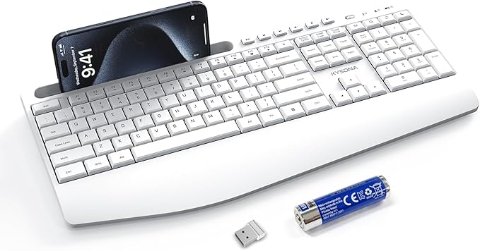 KYSONA 5th Gen Wireless Keyboard,2.4G Full-Sized Cordless Ergonomic Keyboard with Wrist Rest, Phone ipad Holder, Adjustable Angle, Compatible with Laptop/PC/Mac/Windows, White