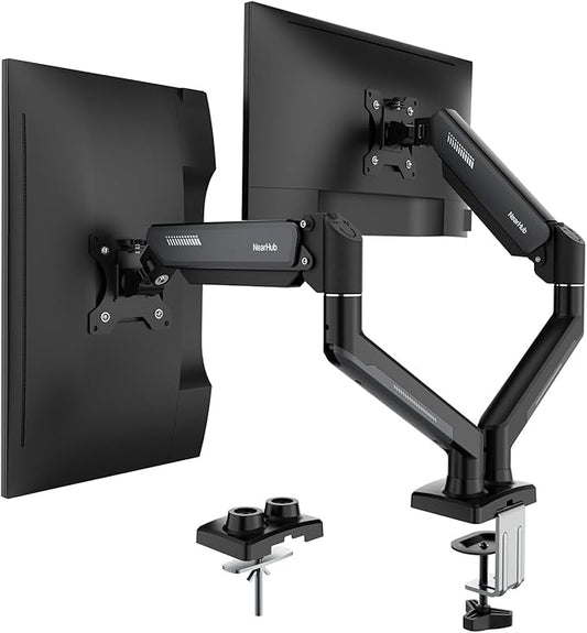 NearHub Dual Monitor Mount for Computer Screen 13-32" and Up to 22 lbs,360° Rotation,+90° to -45° Tilt,180° Swivel,with C Clamp and Grommet Base,Integrated Cable Management,75x75/100x100 VESA