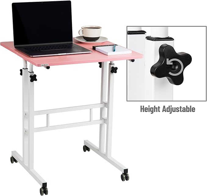 Mind Reader Standing Desk, Adjustable Height Laptop Workstation, Portable Rolling Desk on Wheels, Two-Tier Metal Frame, Pink