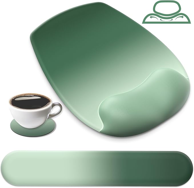 AKIT Ergonomic Mouse Pad with Wrist Rest& Keyboard Wrist Rest, Wrist Rest for Computer Keyboard, Pain Relief, Non-Slip Rubber Base, Mousepad Wrist Support for Gaming, Office, Gradient Green 2