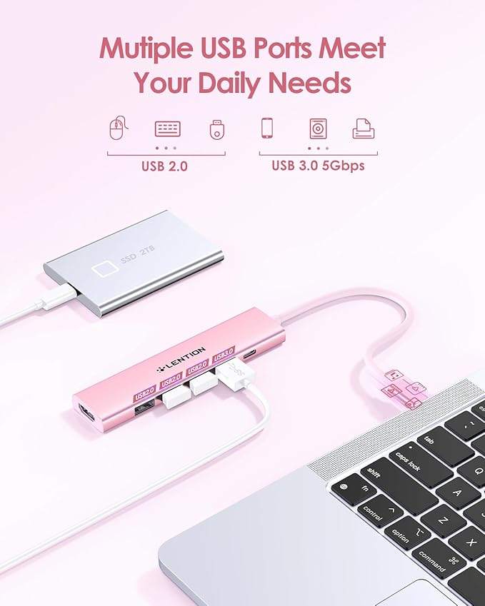 LENTION USB C Hub Multiport Adapter with 100W Charging, 4K HDMI, 4 USB-A Data Ports, Type C Hub for 2016-2026 MacBook Pro/Air/Neo, Surface, Chromebook, USB Splitter for iPhone 15-17 (CH17, Rose Gold)