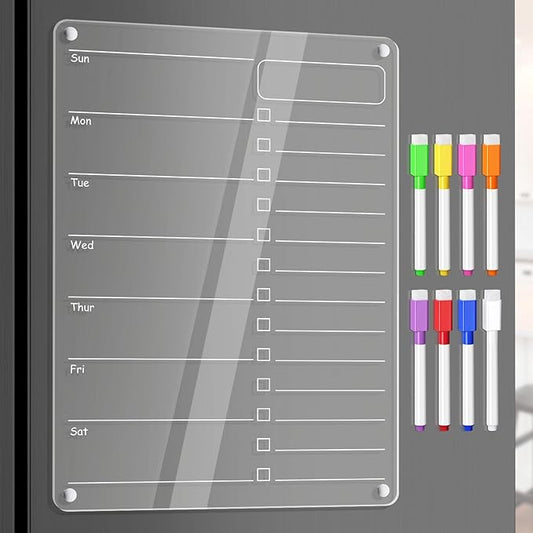 Acrylic Meal Planner Magnetic Menu Board for Kitchen Fridge Planning Board Grocery to Do List Shopping List w/ 8 Markers, Clear Weekly Calendar for Refrigerator Dry Erase Board, 12x9’’