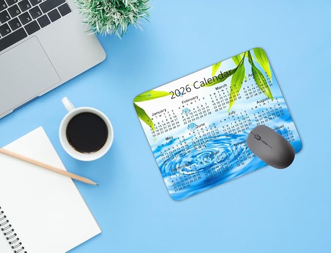Calendar Mouse pad, 2026 Water Drop Background Calendar Natural Rubber Mouse Pad, Quality Creative Gaming Rectangle Mouse Personalized Desk Mouse Pad 9.5 inch x 7.9 inch