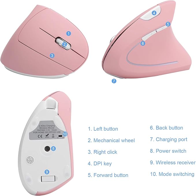 Hilitand Ergonomic Vertical Mouse, 2.4G Optical Game Mouse, RGB Backlight, Adjustable 4-Level 2400DPI, 6 for PC/Laptop Desktop()