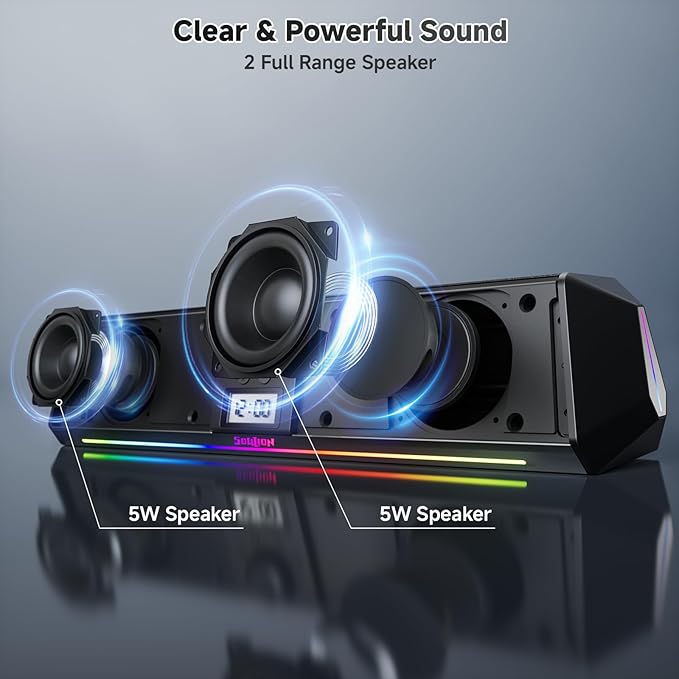 SOULION R80 Bluetooth Computer Speakers, USB Plug & Play PC Speakers with Digital Clock Display, Clear Sound Soundbar with Colorful LED Lights for Desktop Monitor Laptop (USB Adapter Included)