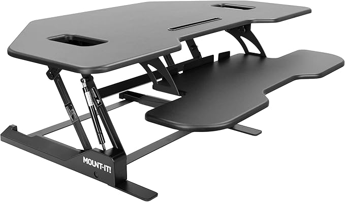 Mount-It! Corner Standing Desk Converter | Height Adjustable 43” Wide Desktop | Corner Stand Up Desk with Gas Spring Handle | Stand Up Computer Workstation with Ergonomic Keyboard Tray | Black