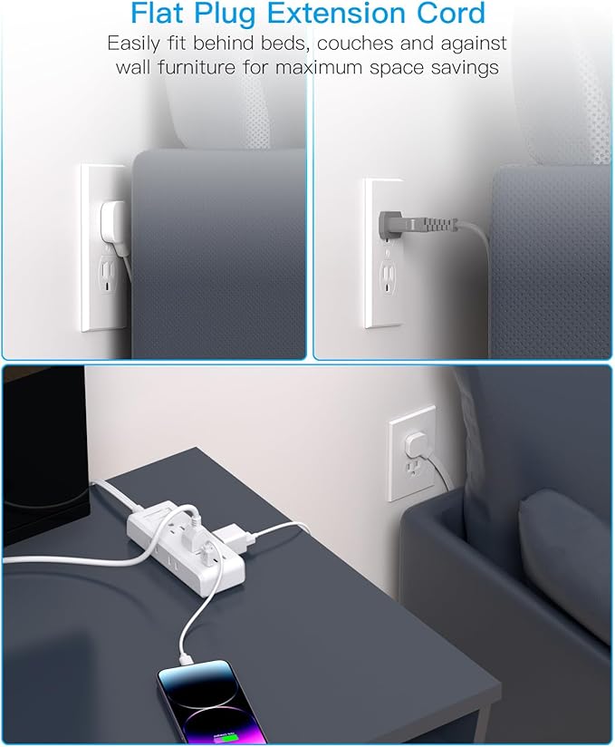 Cruise Ship Essentials, HANYCONY Flat Extension Cord 3 Ft, Ultra Thin Power Strip 6 Outlets 3 USB Ports(2 USB C), Flat Outlet Extender with No Surge Protector for Office Dorm Room Travel Accessories