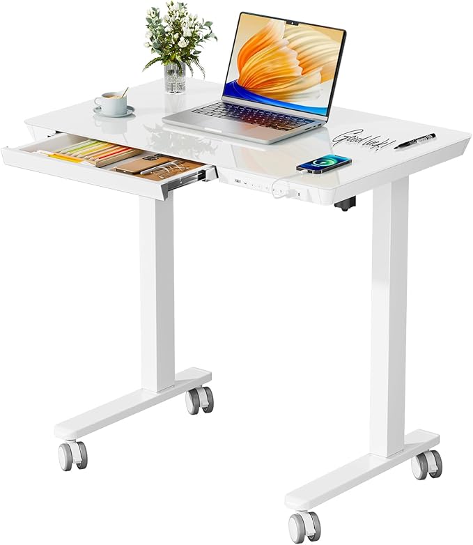 Glass Small Standing Desk with Drawer, 31.5" x 20" Whole Piece Electric Sit Stand Table, Height Adjustable Desk with Storage & USB Ports, Quick Install Home Office Computer Desk, White