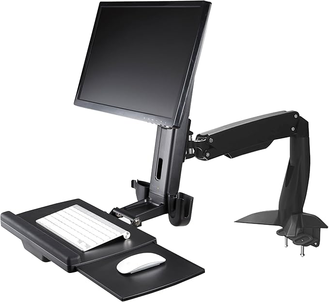 StarTech.com Sit Stand Monitor Arm - Desk Mount Adjustable Sit-Stand Workstation Arm for Single 27" VESA Mount Display - Ergonomic Articulating Standing Desk Converter with Keyboard Tray, TAA