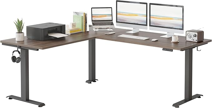 FEZIBO Triple Motor L-Shaped Electric Standing Desk, 63 Inches Height Adjustable Stand up Corner Desk, Sit Stand Workstation with Splice Board, Black Frame/Black Walnut Top