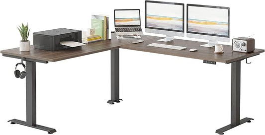 FEZIBO Triple Motor L-Shaped Electric Standing Desk, 63 Inches Height Adjustable Stand up Corner Desk, Sit Stand Workstation with Splice Board, Black Frame/Black Walnut Top