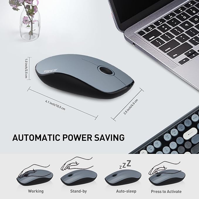 Cute Retro Wireless Keyboard and Mouse Combo with Round Key, 2.4Ghz Dropout-Free Connection, Typewriter Wireless Keyboard and Mouse Set for PC, Laptop, Desktop Computer - Grey Colorful