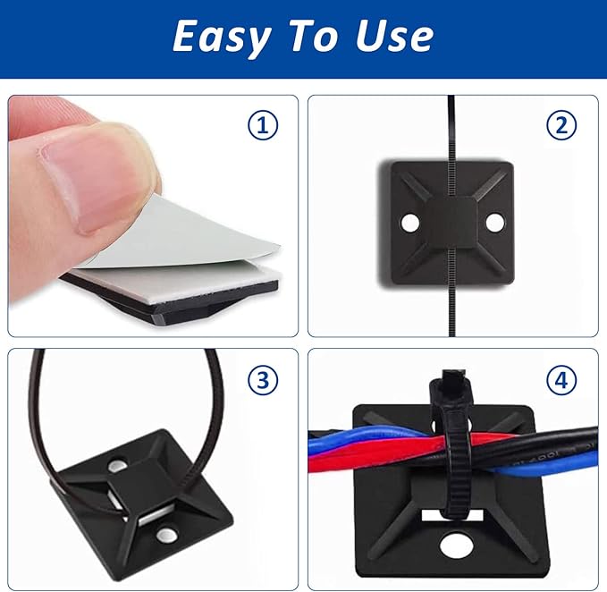 Strong Back-Glue Self Adhesive Cable Zip Tie Mounts Kit - 50 Set Cable Management Clips with 6" Zip Ties, Wire Holders - Outdoor Sticky Wire Organizer Clips-Black (50 Set, Black)