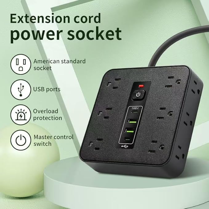16-in-1 Surge Protector Power Strip with 12 AC Outlets, 4 USB Ports (2 USB-C & 2 USB-A) | 10A Overload Protection, Flat Plug Extension Cord for Home Office Gaming Travel (Black, 6FT)