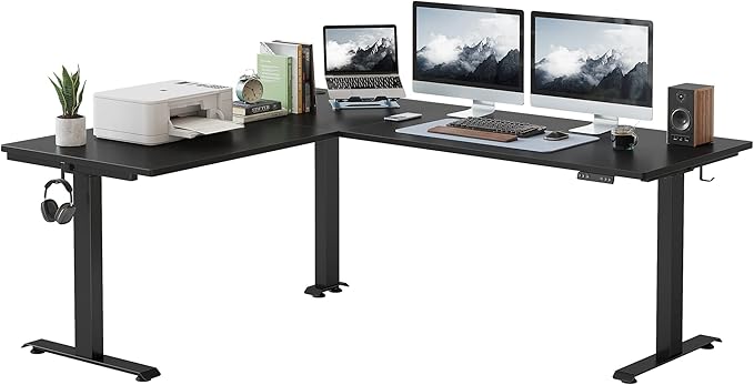 FEZIBO 75 Inches, Supports Over 300lbs, Large L Shaped Standing Desk, Electric Height Adjustable L Shaped Desk, Suitable for Home Office, Black Frame/Black Top