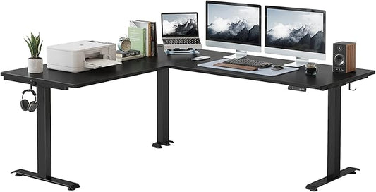 FEZIBO 75 Inches, Supports Over 300lbs, Large L Shaped Standing Desk, Electric Height Adjustable L Shaped Desk, Suitable for Home Office, Black Frame/Black Top