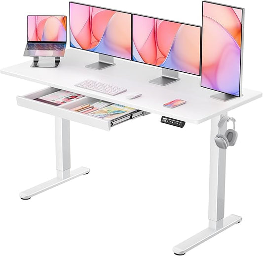 ErGear 55" x 24" Electric Standing Desk with Drawers, Height Adjustable Desk with 4 Preset Heights, Ergonomic Rising Home Office Computer Table with Splice Board, White