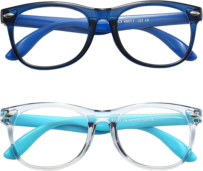 2 Pack kids Blue Light Blocking Glasses For Girls And Boys Computer Blue Light Blocking Glasses For Age 3-11 (Dark blue + Light blue)
