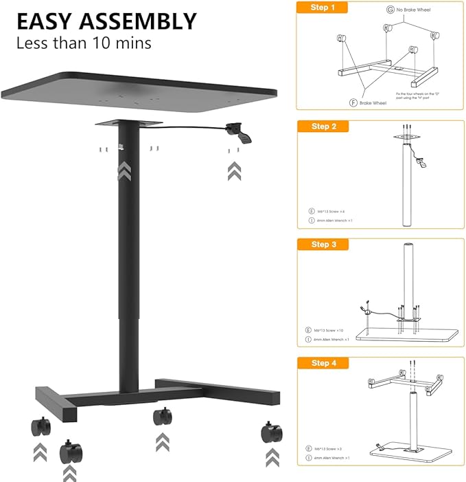 28-Inch Mobile Standing Desk, Adjustable Computer Desk, Portable Standing Desk with Lockable Wheels, Rolling Table for Home Office Classroom Hospital (Jet - Black)