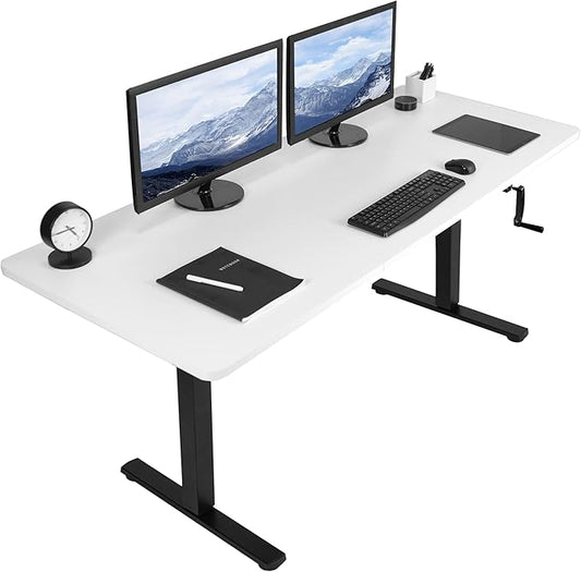 VIVO Manual Height Adjustable 71 x 30 inch Stand Up Desk, White Table Top, Black Frame, Standing Workstation with Foldable Handle, DESK-KIT-MB7W