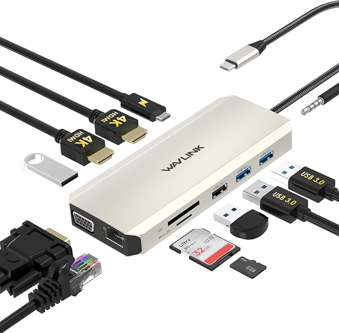 WAVLINK USB C Docking Station Dual Monitor for Dell HP Surface Lenovo Laptop, Triple Display USB-C Hub Multiport Adapter Dongle with 2 HDMI, VGA, Ethernet,100W PD, 5 USB, SD/TF Card Reader,Audio
