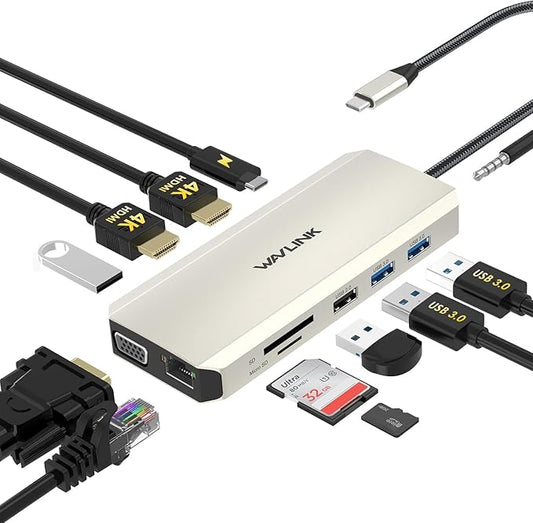 WAVLINK USB C Docking Station Dual Monitor for Dell HP Surface Lenovo Laptop, Triple Display USB-C Hub Multiport Adapter Dongle with 2 HDMI, VGA, Ethernet,100W PD, 5 USB, SD/TF Card Reader,Audio