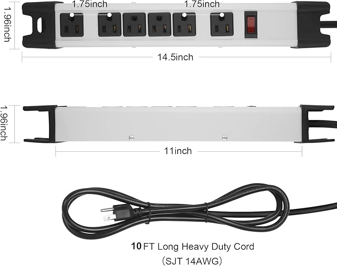 Heavy Duty Power Strip Surge Protector, 6 Outlet Industrial Metal Power Strip with 10 FT Cord, 1200 Joules ETL Listed