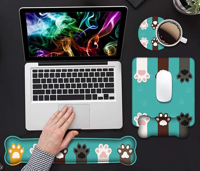 Wrist Rest Support Ergonomic Gel Mouse Pad & Memory Foam Keyboard Set, Non-Slip Rubber PU Base for Home Office Working Studying Easy Typing & Pain Relief, Cute Cat Paws