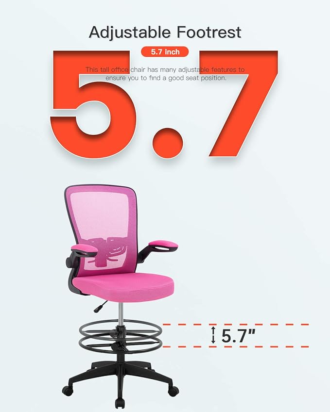 BestOffice Drafting Chair Tall Office Chair Adjustable Height with Lumbar Support Arms Footrest Mid Back Standing Desk Chair with Swivel Rolling Mesh Stool Pink