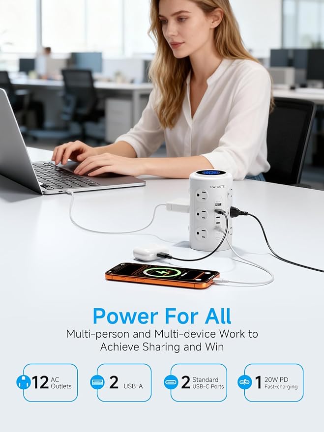 Tower Power Strip with 1 Dedicated PD 20W Fast-Charging Port, 12 Outlets, 5 USB Ports (3 USB-C), 1800J Protector, Desk Charging Station for Multiple Devices,15FT Extension Cord, Home Office Essentials