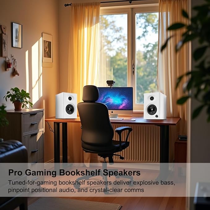 Computer Speakers for Desktop PC, 60W Bluetooth Surround Sound Speakers with Bass, Compact Powered Bookshelf Speakers for Office, Monitors, Laptop, Gaming, TV, Gifts (White, Pair)