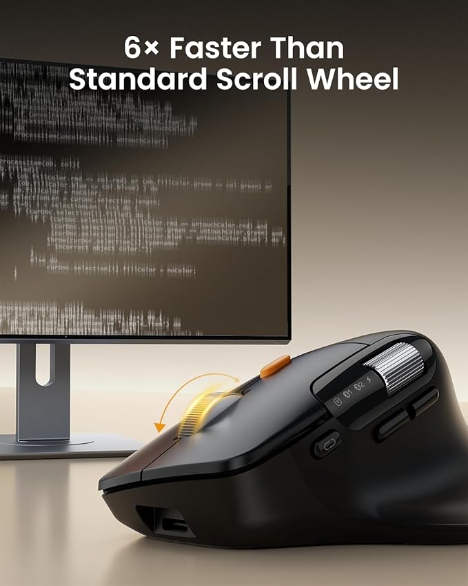 ProtoArc Ergonomic Bluetooth Mouse, EM25 USB Wireless Mouse, Fast Scrolling & Thumb Scroll Wheel, Buttons Customizations, 8000 DPI, Quiet, Rechargeable, Compatible with Windows/Mac/Android, Black