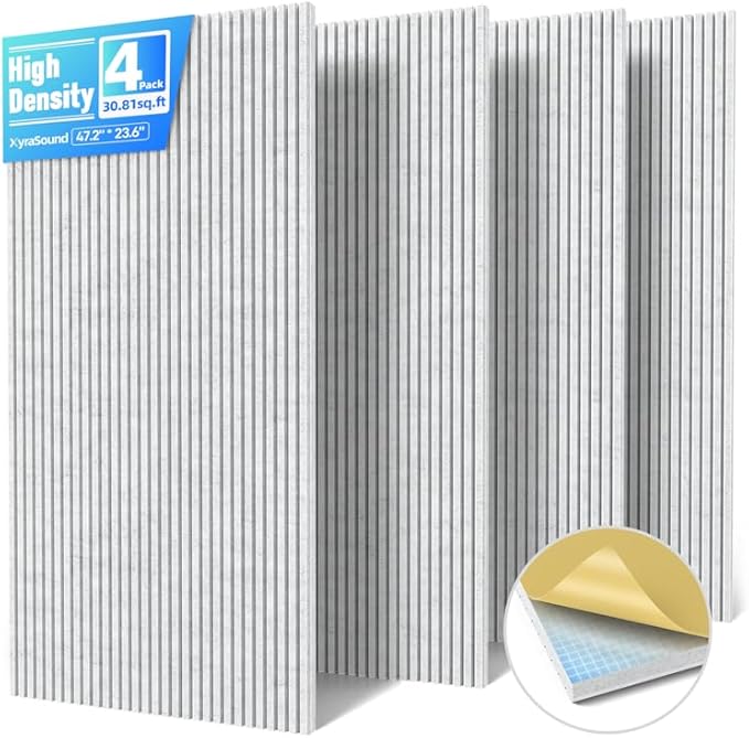 4 Pack Large Acoustic Panels Sound Absorbing with Self-Adhesive, 47.2”*23.6”*0.36” High Density Sound Proof Foam Panels for Walls, 3D Vertical Soundproof Wall Panels for Home Studio Office Decor-Gray
