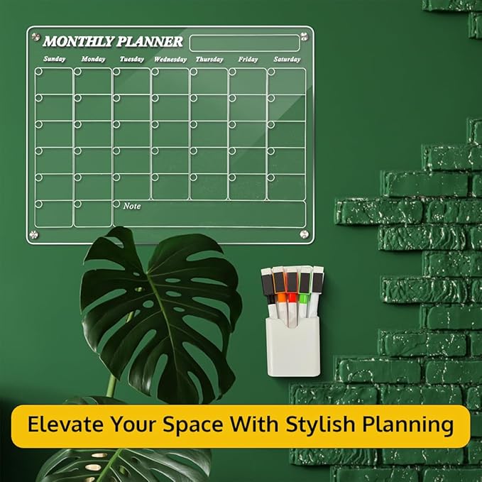 Acrylic Monthly Calendar - Home Organization Board Refrigerator Schedule Planner for Fridge or Wall, Magnetic Calendar for Refrigerator, Dry Erase Whiteboard (17x13 inches)