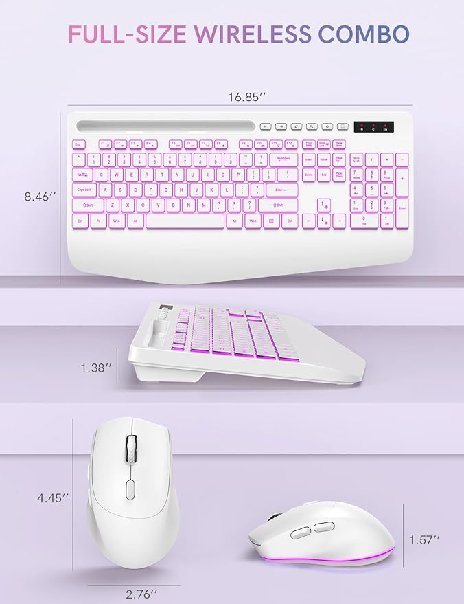 Trueque Wireless Keyboard and Mouse Combo with 7 Colored Backlits, Wrist Rest, Rechargeable Ergonomic Keyboard with Phone Holder, Silent Lighted Full Size Combo for Windows, PC, Laptop (Cloud White)