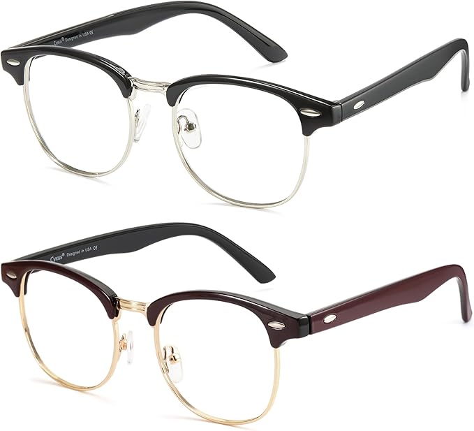 Cyxus 2 Pack Blue Light Glasses Men Women Retro Semi Rimless Browline Blue Light Glasses for Computer Eye Strain Gaming Glasses（402B002 Black & Wine Red）
