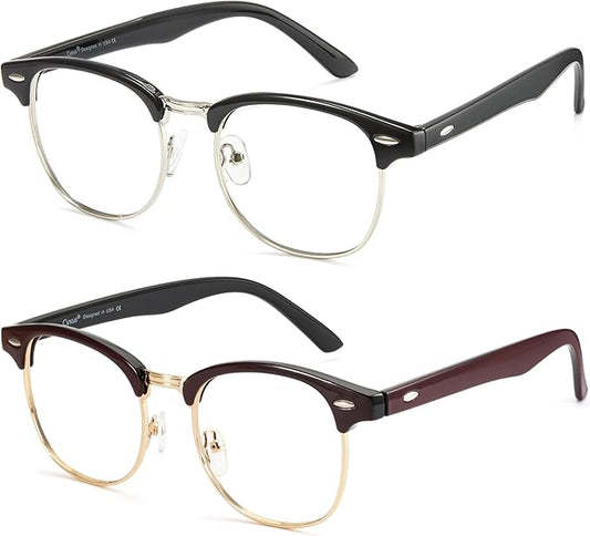 Cyxus 2 Pack Blue Light Glasses Men Women Retro Semi Rimless Browline Blue Light Glasses for Computer Eye Strain Gaming Glasses（402B002 Black & Wine Red）