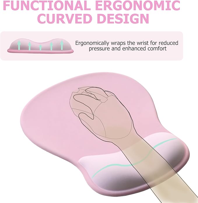 Gel Mouse Pad with Wrist Rest, Ergonomic Office Keyboard Wrist Rest and Mousepad with Wrist Support, Computer Mouse Pad with Non-Slip PU Base and Desk Accessories Mat for Laptop & Home & Gaming, Pink