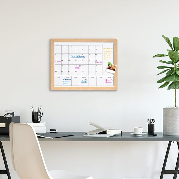 3-in-1 Dry Erase Calendar for Wall, Magnetic Monthly & Weekly Calendars Whiteboard, Dry Erase Board for Wall with Brown Wood Frame, Hanging White Board Calendar for Decor/Memo(YL+ZL-BR,4333)