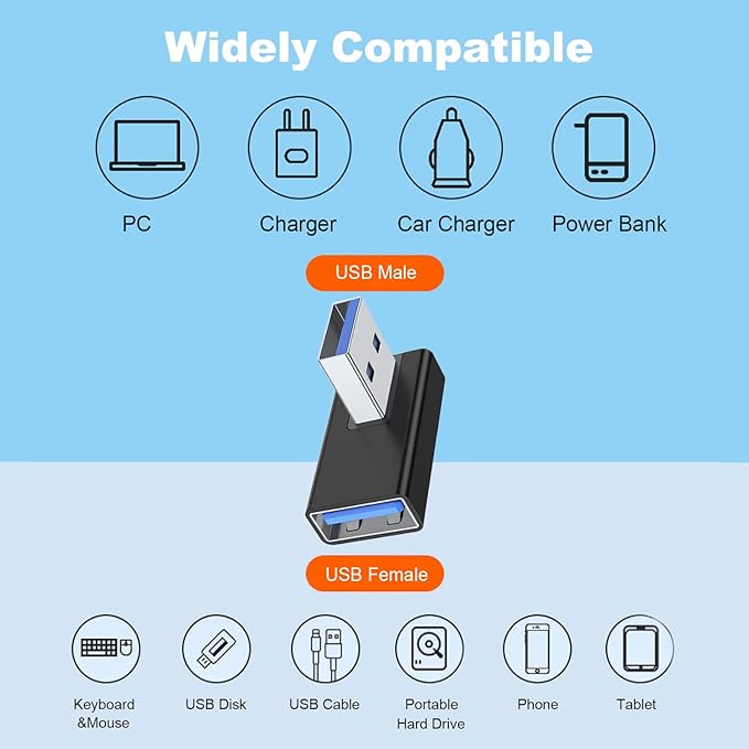 AreMe 90 Degree USB 3.0 Adapter 2 Pack, Left and Right Angle USB A Male to Female Converter Extender for PC, Laptop, USB A Charger, Power Bank and More (Black)