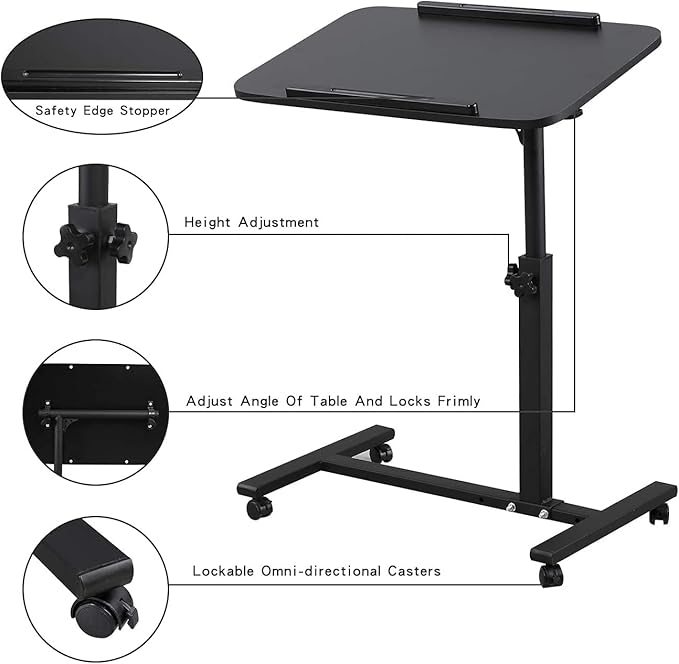 Laptop Table Mobile Adjustable Height Portable Desk Notebook Swivel PC Computer Rolling Desk with Wheels, Laptop Stand for Couch Bedside Hospital Bed Table